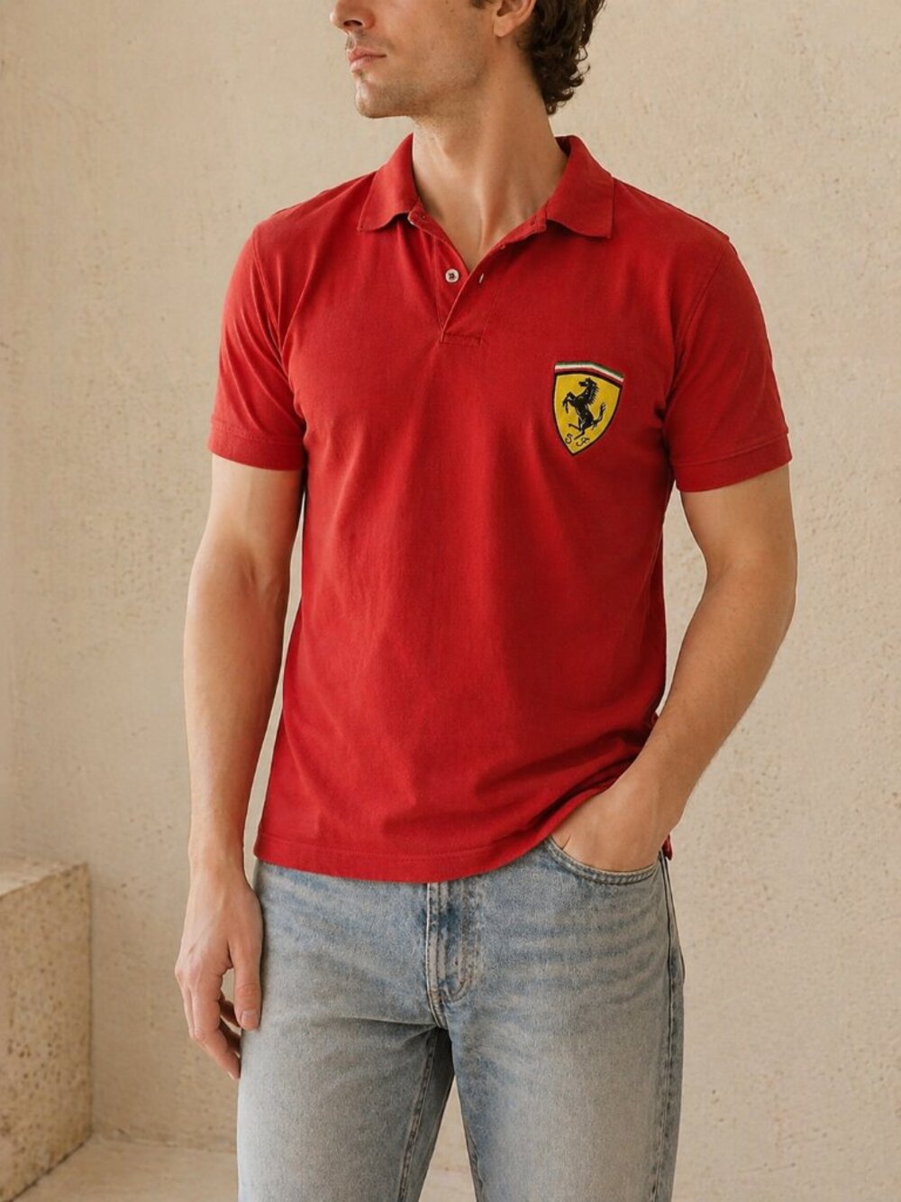 Vintage 1996 Ferrari Red Polo Shirt Racing Logo Licensed Mens S Y2K